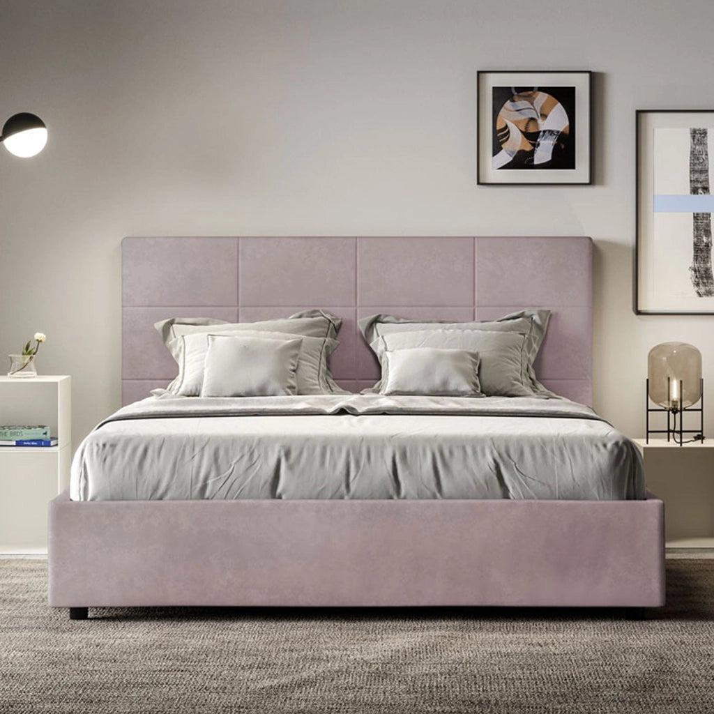 Letto queen size con rete imbottito 150x190 microfibra glicine Mika