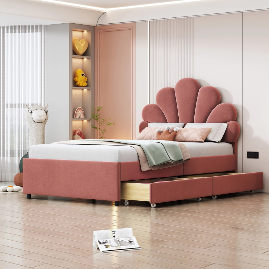 LETTO Imbottito 90x200 cm in velluto Rosa con 2 cassetti
