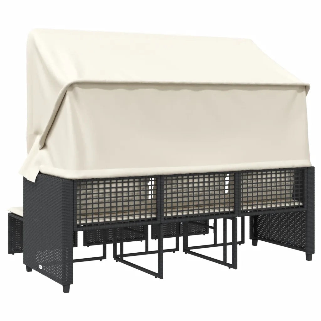 Divano Giardino 3 Posti Baldacchino e Sgabelli-Sofa da Giardino-Divanetto da esterno Nero Polyrattan