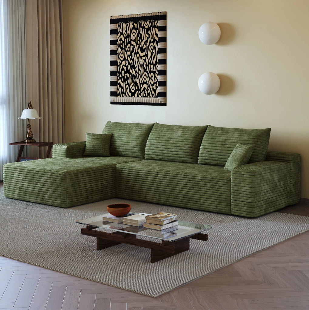 Divano angolare modulare senza struttura, L con chaise longue, tessuto verde, facile da montare