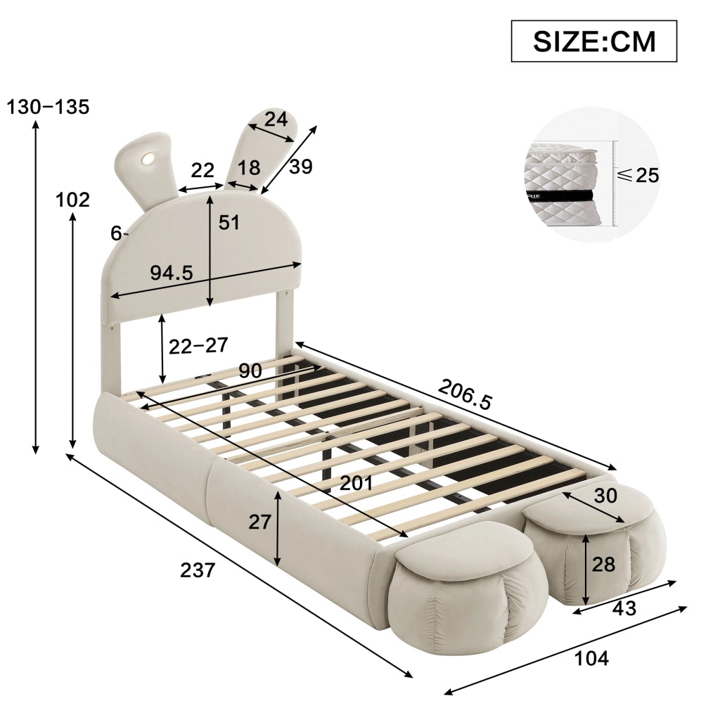 letto imbottito velluto beige 90x200 cm