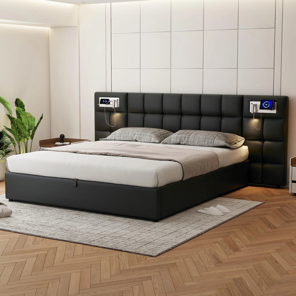 LETTO Imbottito 180 x 200 cm PU Nero con USB, ricarica wireless e luce