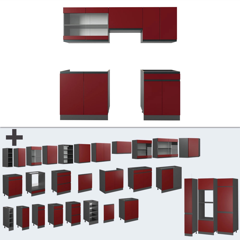Cucina componibile R-Line Rosso/Antracite 200 cm J-Shape, PL Marmo Vicco