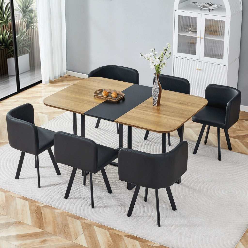 Tavolo da pranzo allungabile per 4-6 persone con sedie riponibili, piano effetto legno e struttura in metallo nero