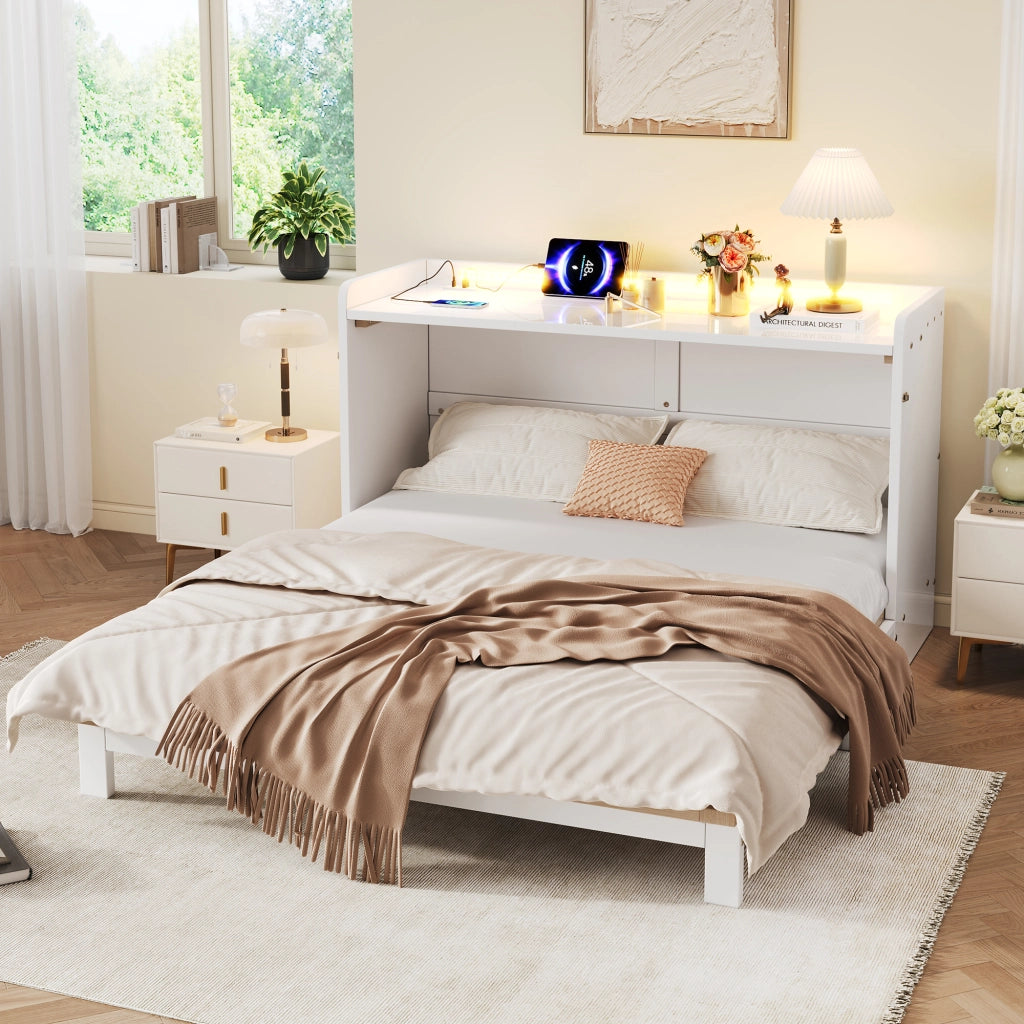 Letto a Scomparsa con Cassetti, LED e Presa USB ¨C MINIMAL ¨C Bianco 140x200