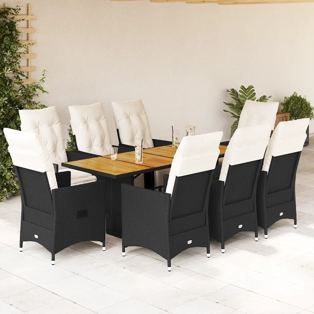 Set da Pranzo da Giardino 9 pz con Cuscini Nero in Polyrattan 3276862