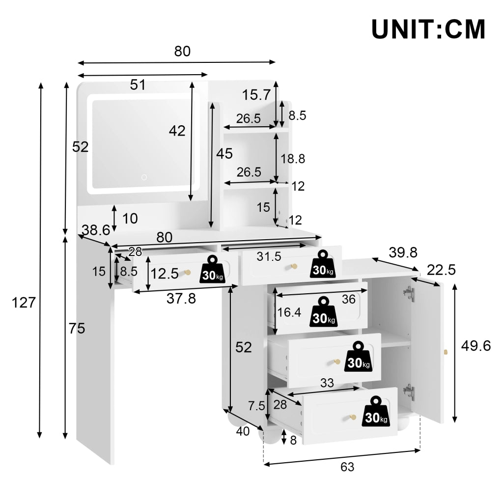TOELETTA con specchio LED, 80x39,8x127 cm, bianca, con 5 cassetti