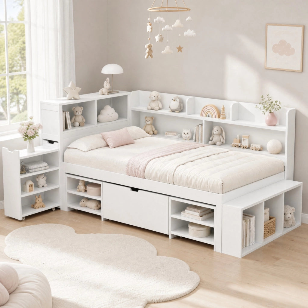 LETTO Multifunzione 90x200 cm Bianco con cassetti e libreria