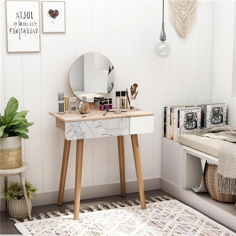 TAVOLO DA TRUCCO CON SPECCHIO TONDO E CASSETTO CON DECORAZIONE JUNGLE BIANCO E ROVERE