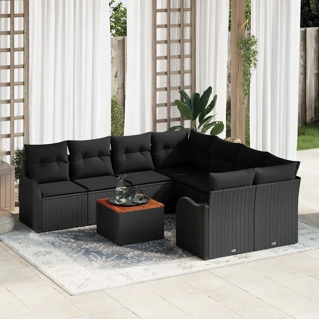 Set Divano da Giardino con cuscino 9 pcs Nero polyrattan