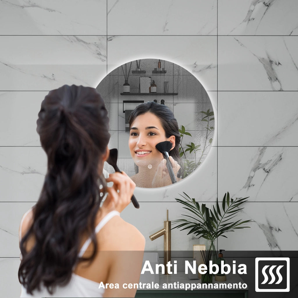 AICA Specchio da bagno 90 x 90 cm, antiappannamento, dimmerabile, interruttore touch, Funzione Memoria