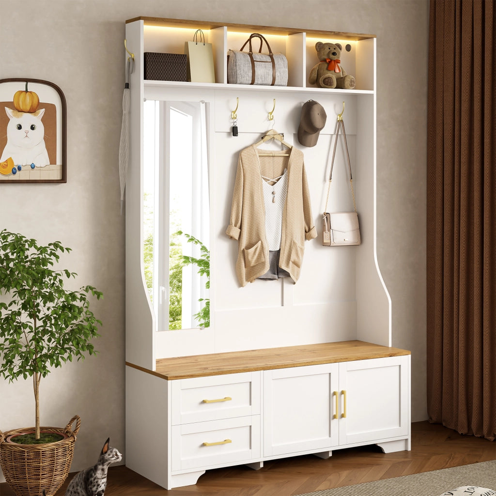 Armadio guardaroba da ingresso con scarpiera, specchio, LED, ganci e cassetti 120x40x187 cm bianco effetto legno