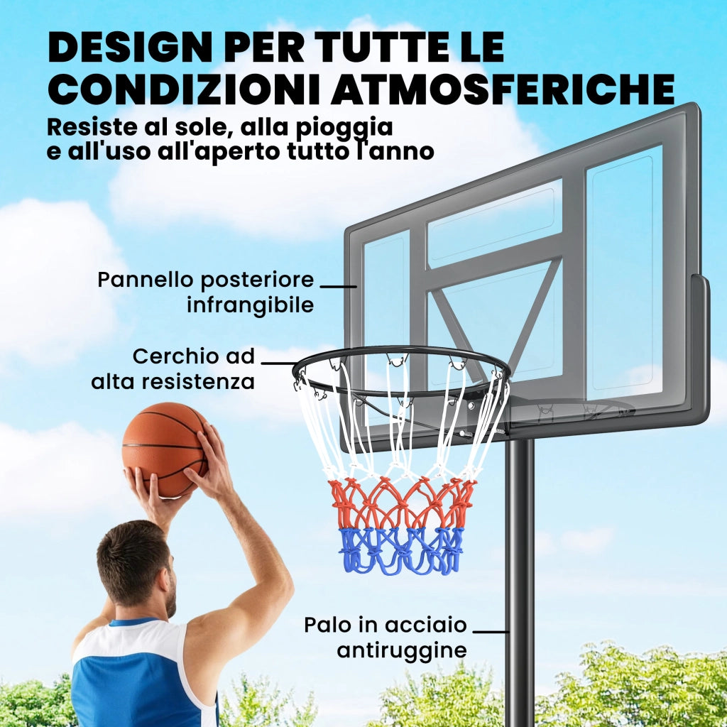 Canestro Basket con Altezza Regolabile 1.3-3 m. Base Riempibile e Ruote. Nero