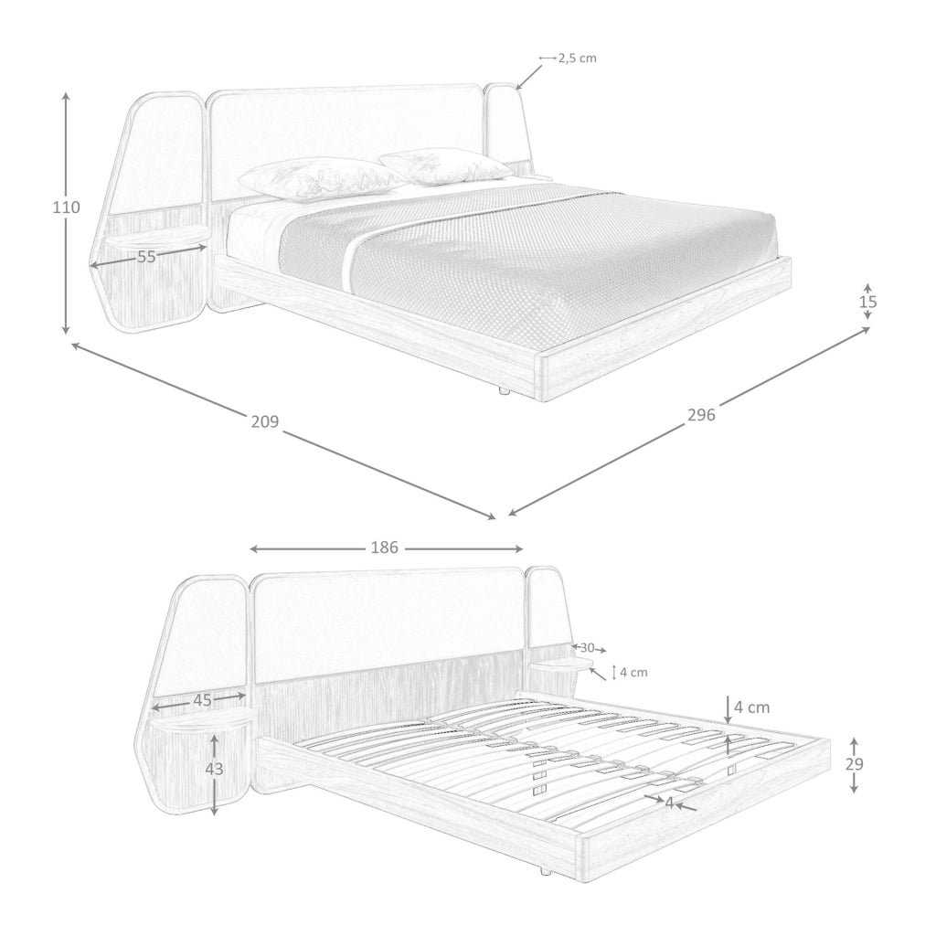 Letto in noce e tessuto grigio