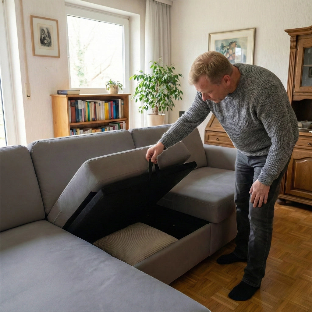 Divano Angolare con Contenitore ¨C MINIMAL ¨C Tessuto, 4 Vani, Ottomane