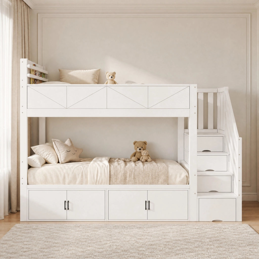 LETTO a castello 90x200 cm con scala contenitore bianco in legno e MDF