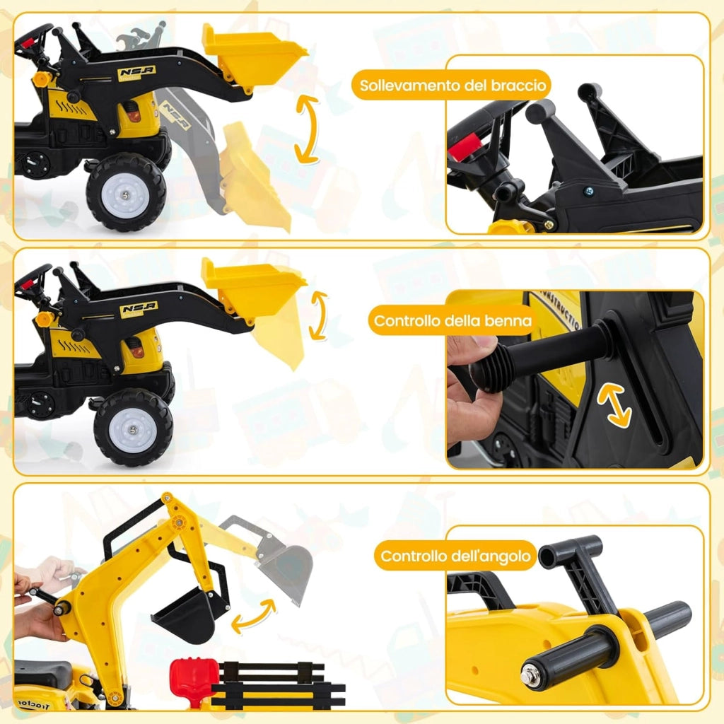 3 in 1 Escavatore per Bambini, Trattore con Rimorchio Staccabile Cavalcabile per Bambini, con 6 Ruote e 2 Benne, per Bambini 3-6 Anni (Giallo)