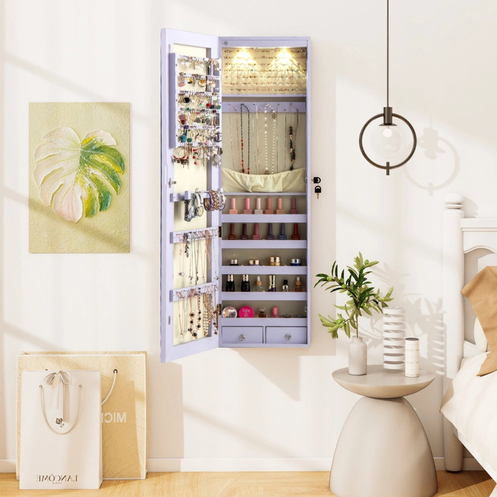 Armadio portagioie con specchio in legno a parete con LED interno 35,5x10x120cm Viola
