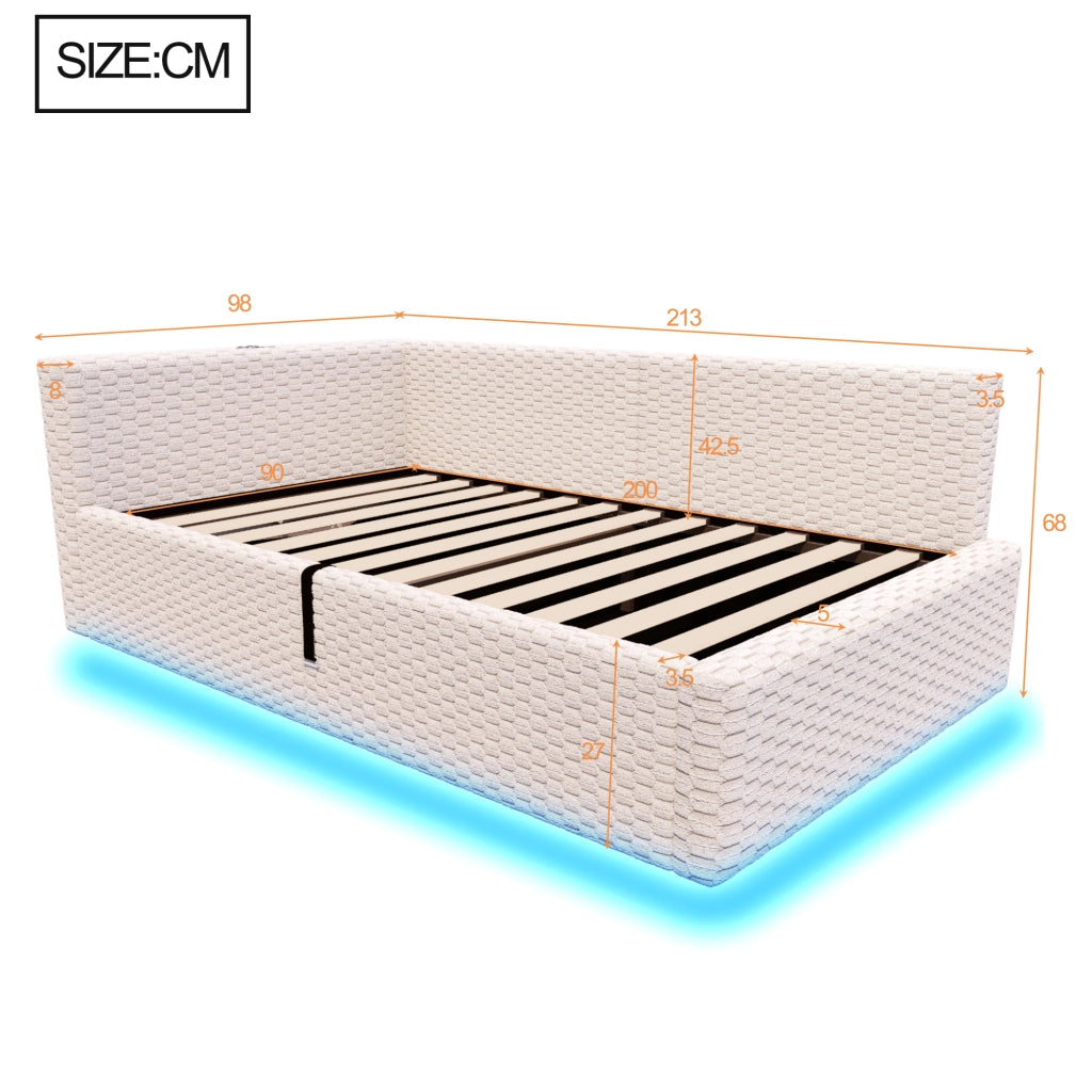 Letto con testata illuminata a led in velluto beige 90x200 cm