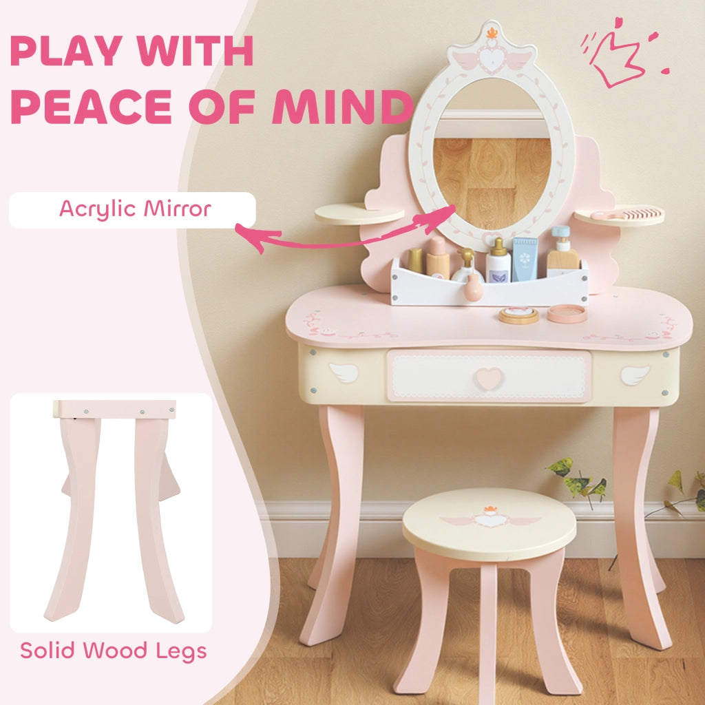 Set Toeletta per Bambine con Specchio e Sgabello con 7 Accessori in Legno Rosa