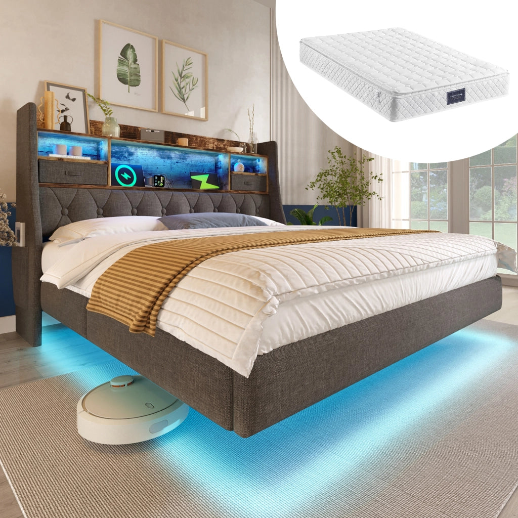 LETTO 160x200 cm in lino grigio con LED e materasso incluso