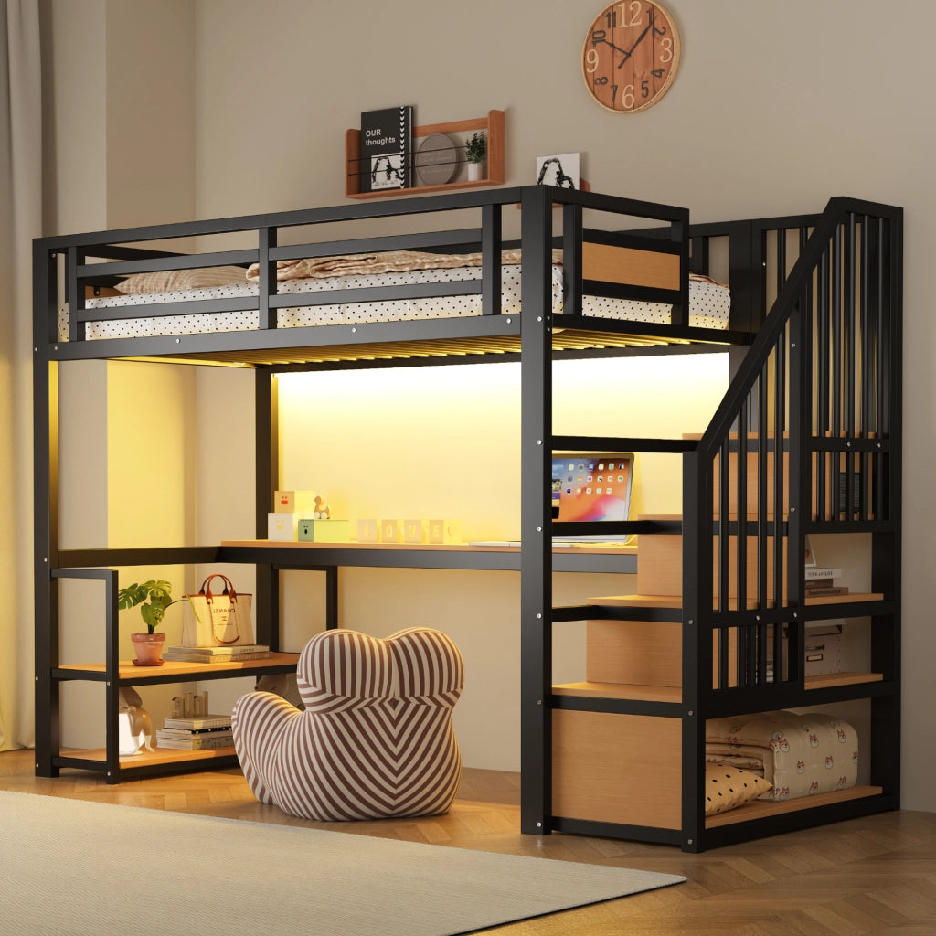 LETTO a soppalco 90x200 cm con scrivania e scaffali Metallo Nero