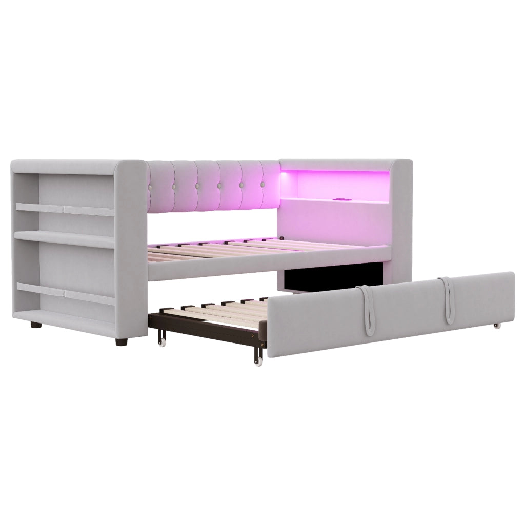 DIVANO LETTO 180x190 cm con LED, prese e contenitore, Grigio chiaro