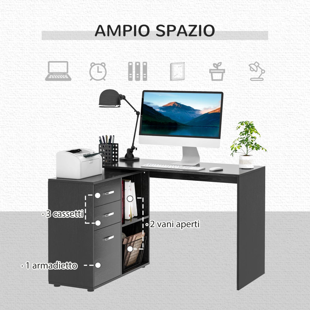 Scrivania Angolare per PC con Cassetti e Ripiani ¨C Minimal ¨C Legno e Metallo, 117x83.5x76 cm, Nero