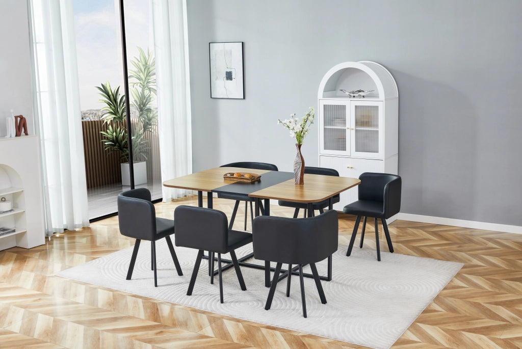 Tavolo da pranzo allungabile per 4-6 persone con sedie riponibili, piano effetto legno e struttura in metallo nero