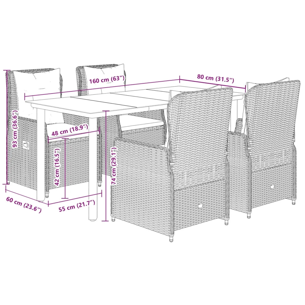Set da Pranzo da Giardino 5pz con Cuscini in Polyrattan Marrone 3262850