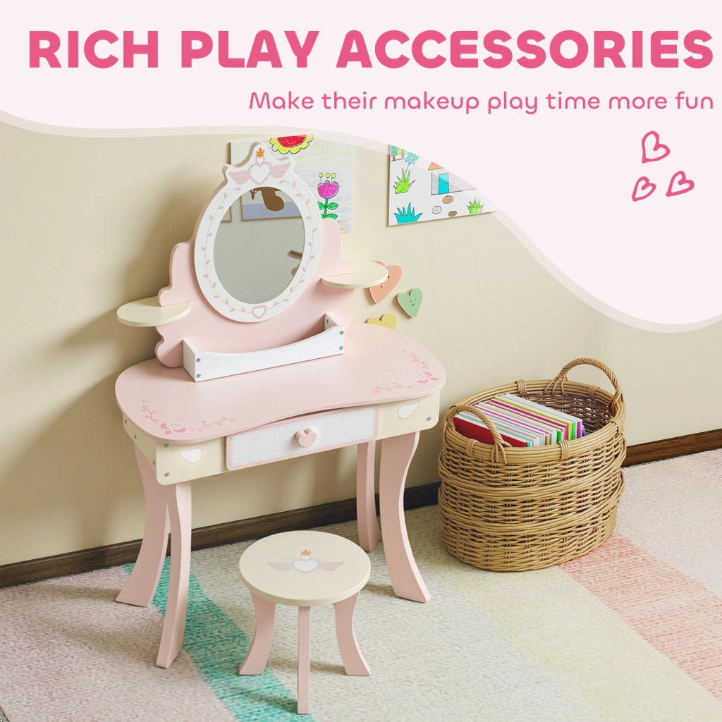 Set Toeletta per Bambine con Specchio e Sgabello con 7 Accessori in Legno Rosa