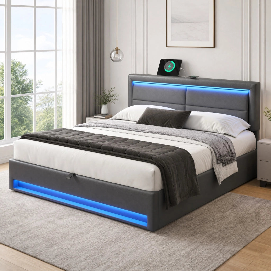 LETTO Imbottito 160x200 cm PU Grigio con USB, LED e contenitore