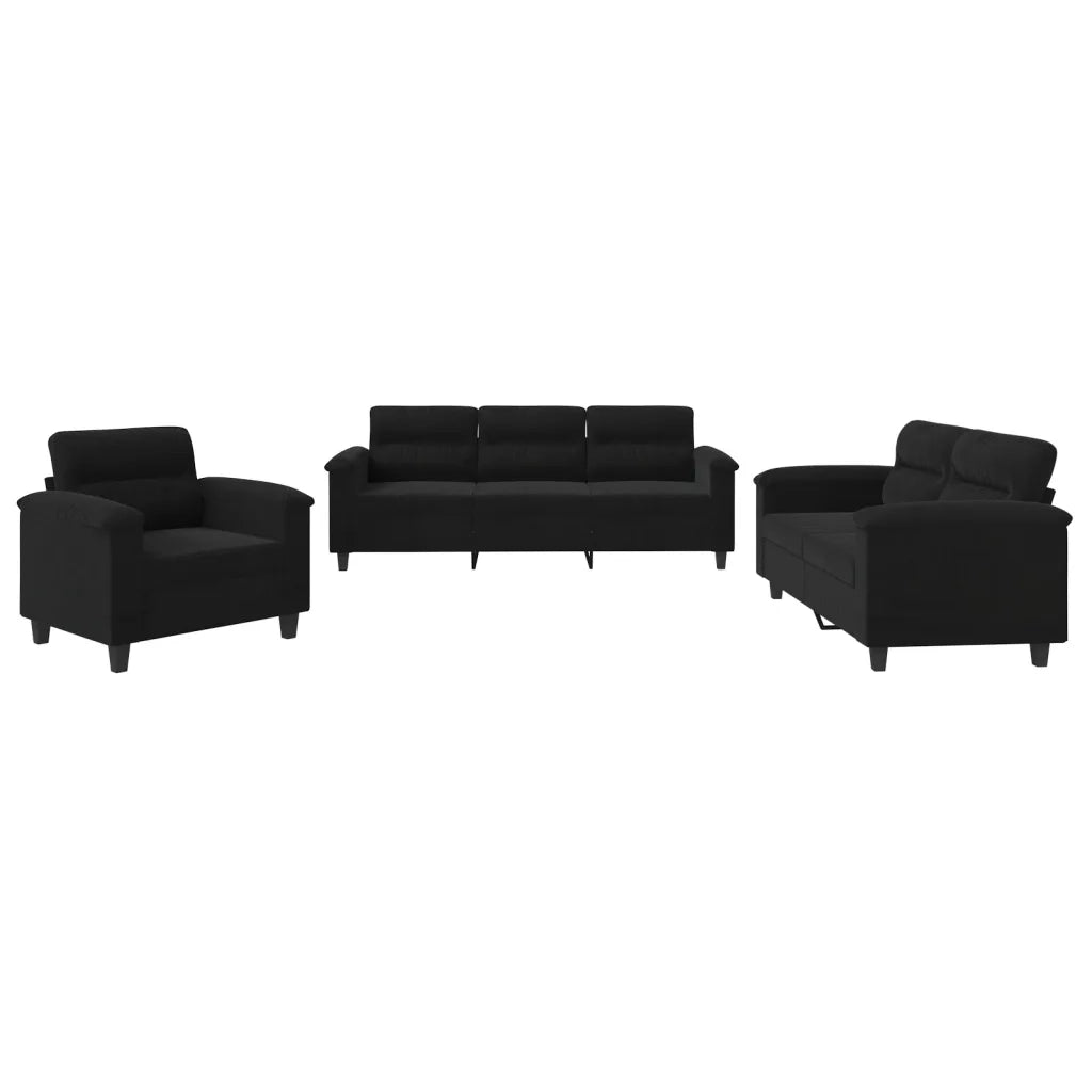 Set Divani 3 pz con Cuscini Nero in Tessuto Microfibra