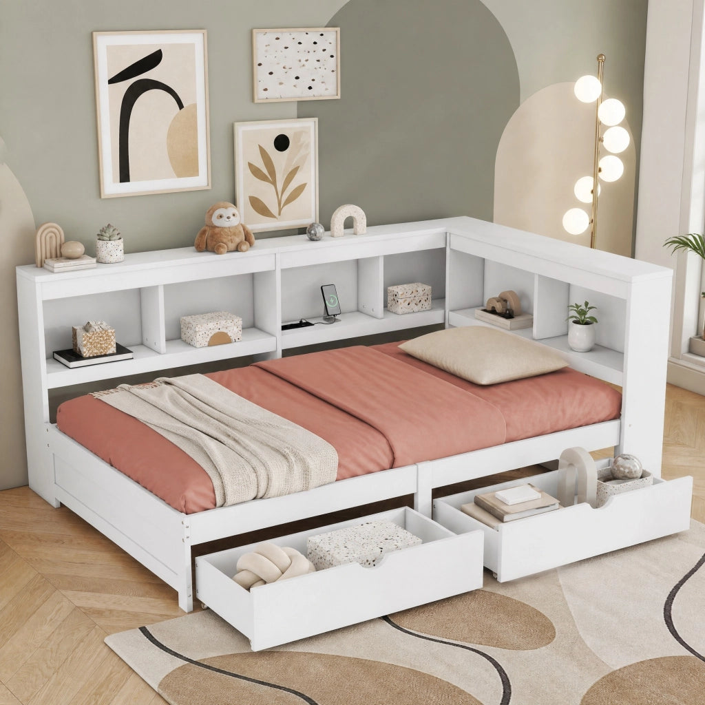 Letto a divano 90x200 cm con 2 cassetti, prese USB e ripiani laterali