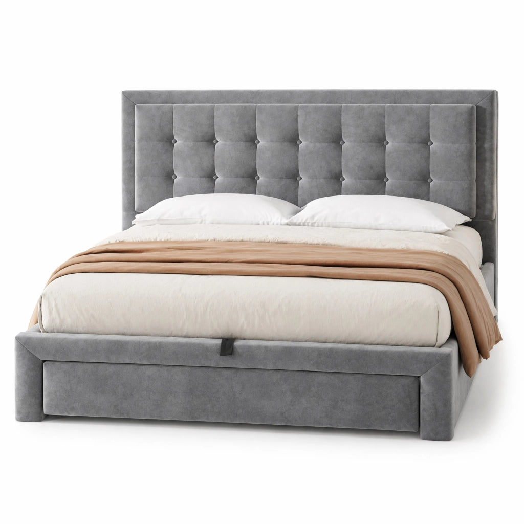 Letto imbottito matrimoniale con contenitore e cassetti, velluto grigio, 140 x 200 cm