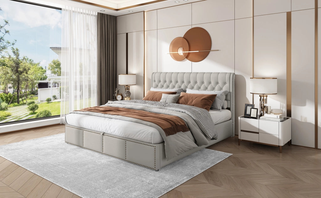 DESMIU Letto Contenitore 180 × 200 cm 2 posti con vano contenitore, senza materasso, in lino, grigio