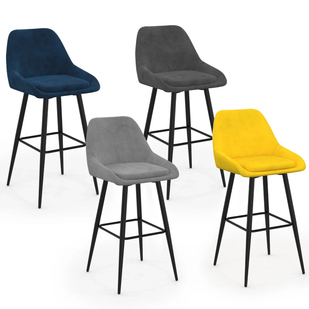 IDMarket - Set di 4 sgabelli da bar THALYA in velluto misto blu, grigio chiaro, grigio scuro, giallo