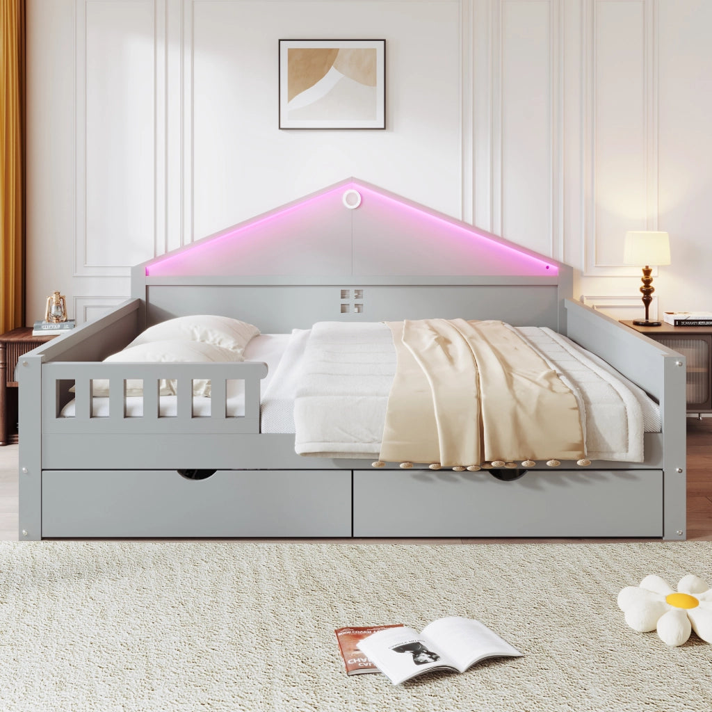 LETTO 140x200 cm con LED e 2 cassetti, grigio, legno di pino e MDF