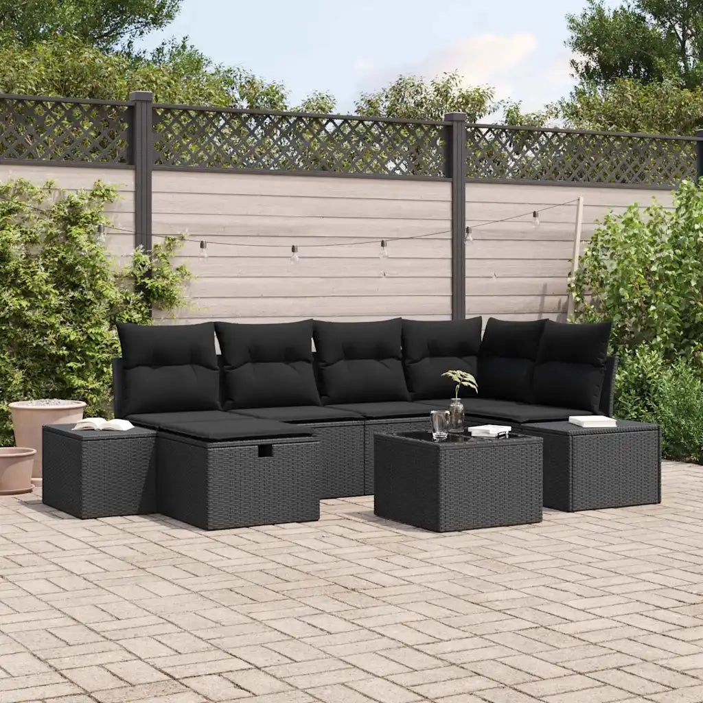 Set Divano da Giardino con cuscino 7 pcs Nero polyrattan