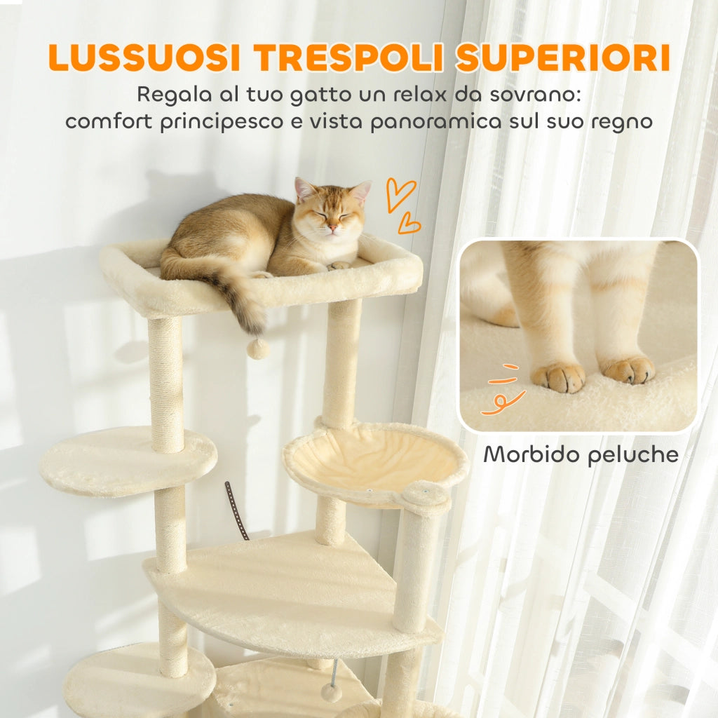 Tiragraffi per gatti multilivello 200cm ¨C Xylo ¨C con 2 casette, 2 lettini e amaca, beige