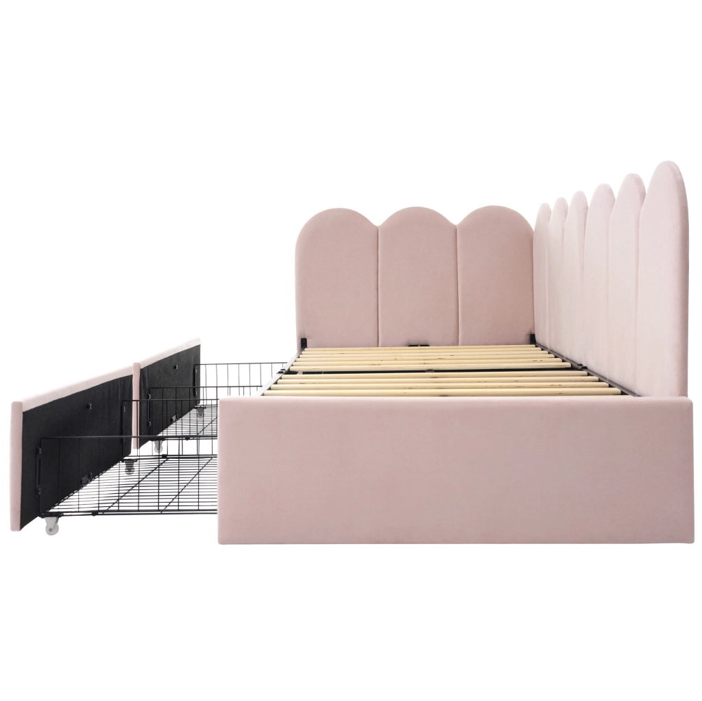 Letto singolo daybed 90x190 cm con 2 cassetti; struttura a L in velluto rosa