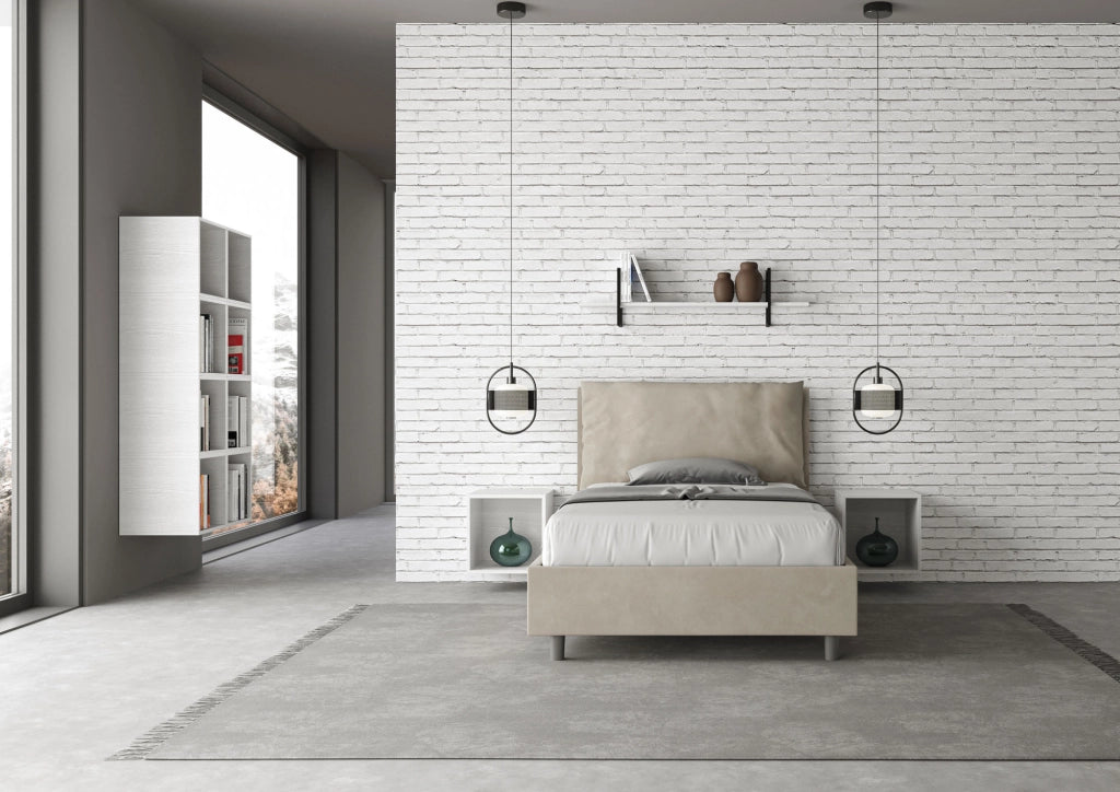 BS COM Letto una piazza e mezza contenitore imbottito 130x190 microfibra sabbia Large
