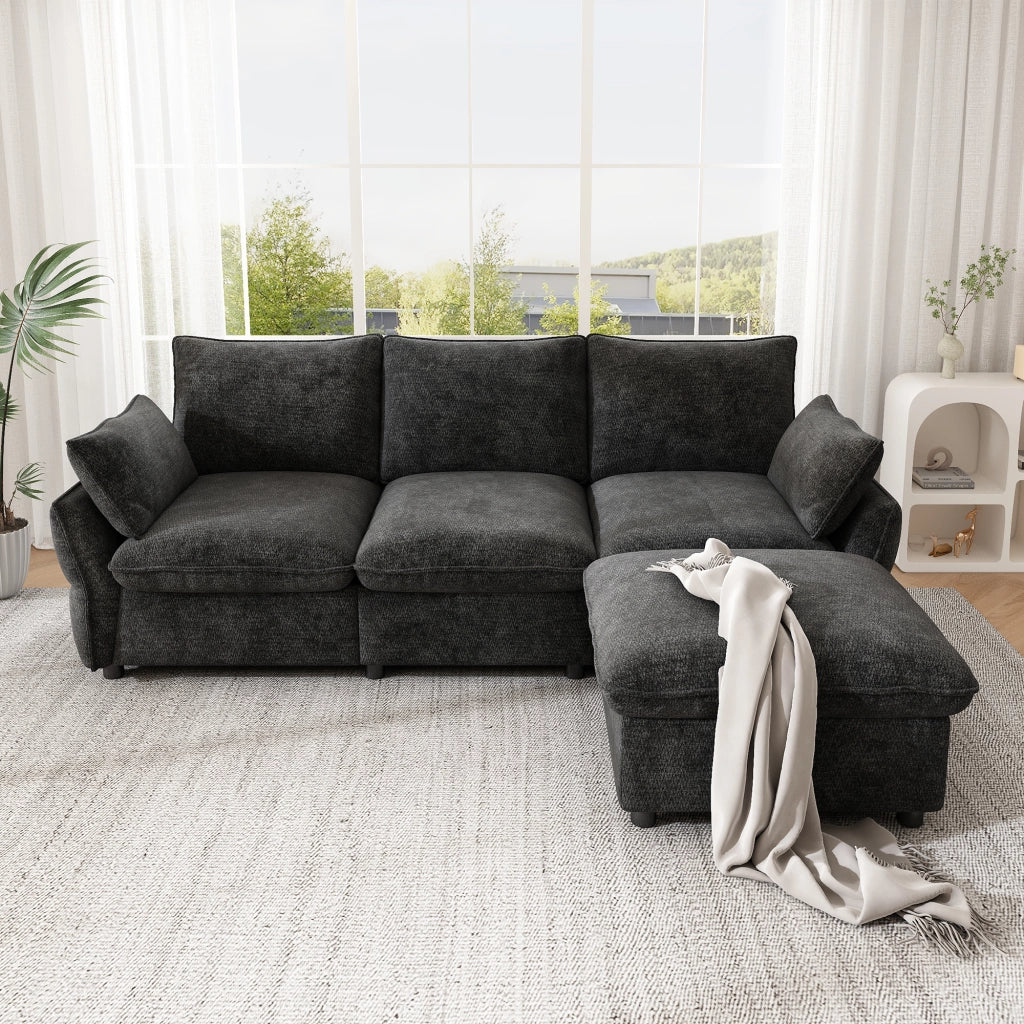 DIVANO ANGOLARE L 222,5x154,5x76,5 cm Chenille Grigio Scuro con pouf e 2 cuscini