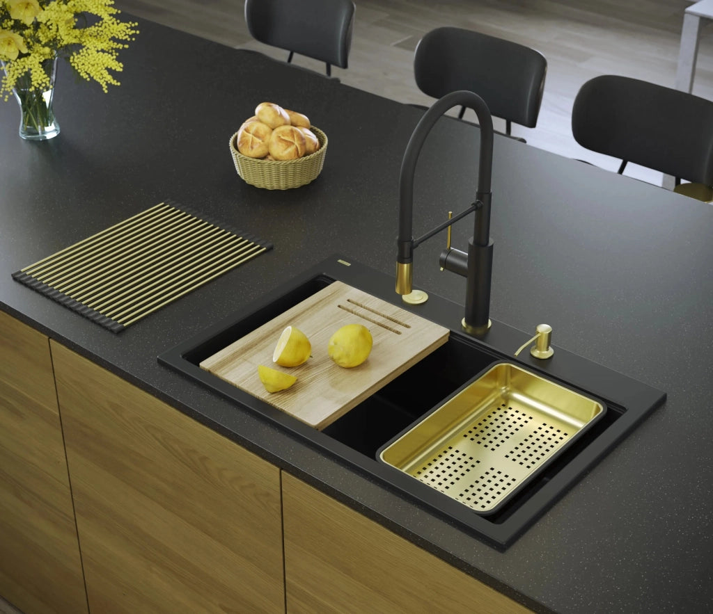 Lavello In Granito Marc 110 Workstation Black Tappo acciaio