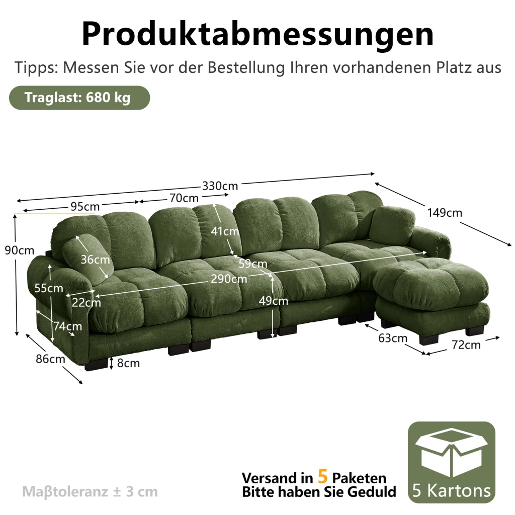 Divano angolare modulare con ottomana mobile e Cuscino lombare in Chenille, Verde