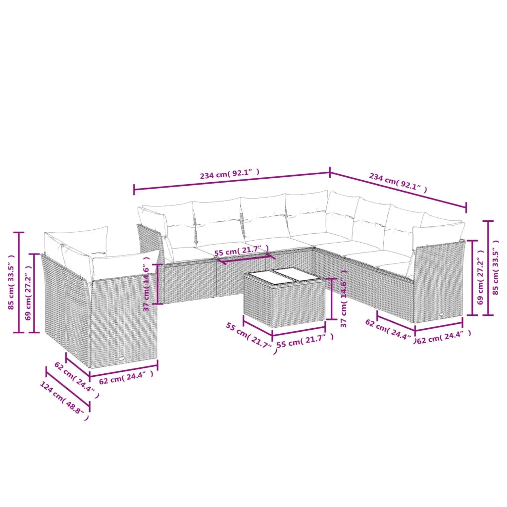 Set Divano da Giardino 10 pz con Cuscini Beige in Polyrattan 3217848