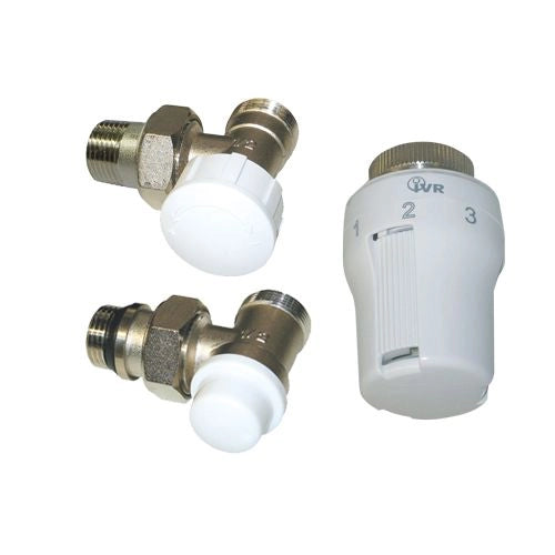 Kit valvola termostatizzabile con detentore e testa termostatica da 1/2" a squadra per Caloriferi e Termosifoni