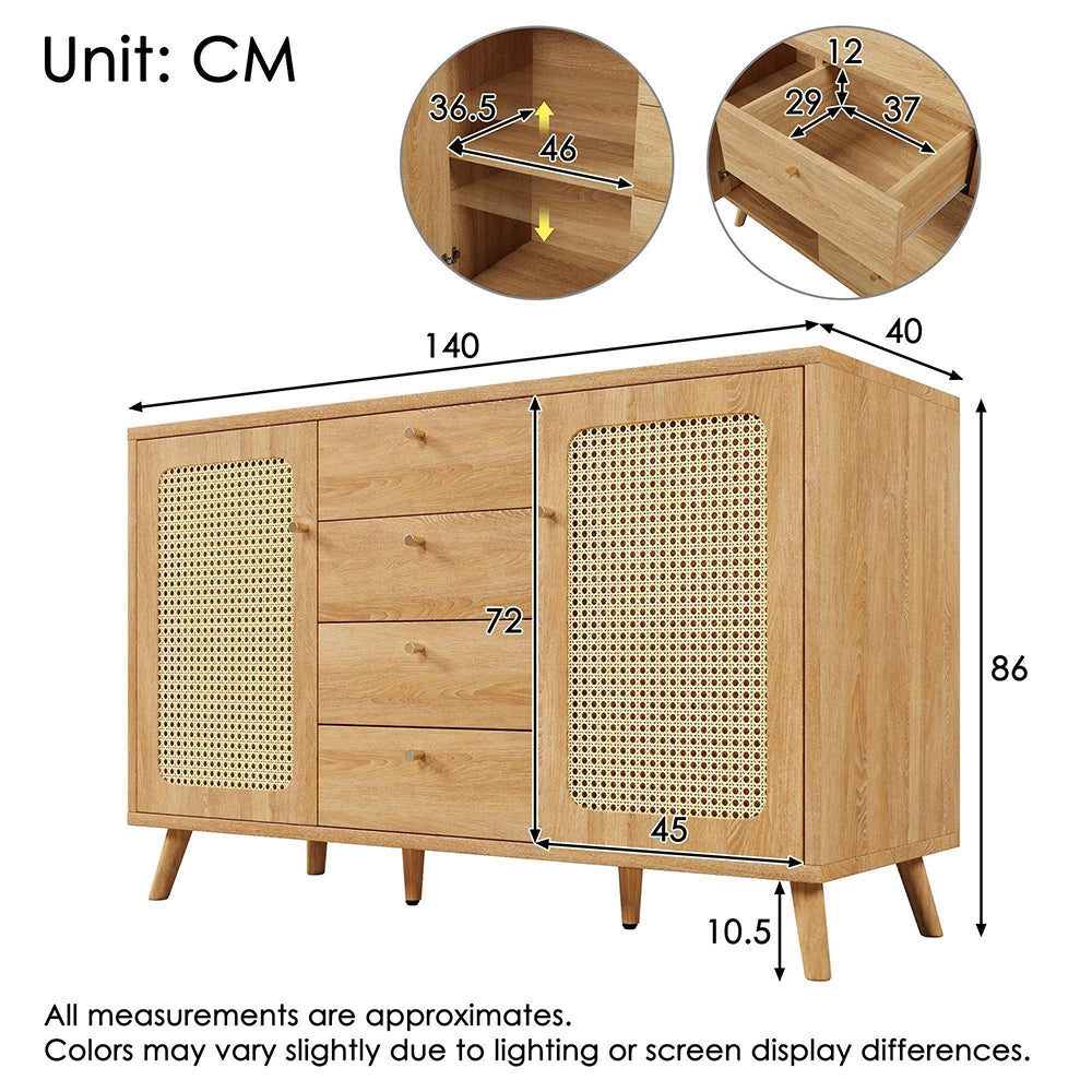 Buffet Commode con rotin - Xylo - 4 cassetti 2 ante scaffali regolabili