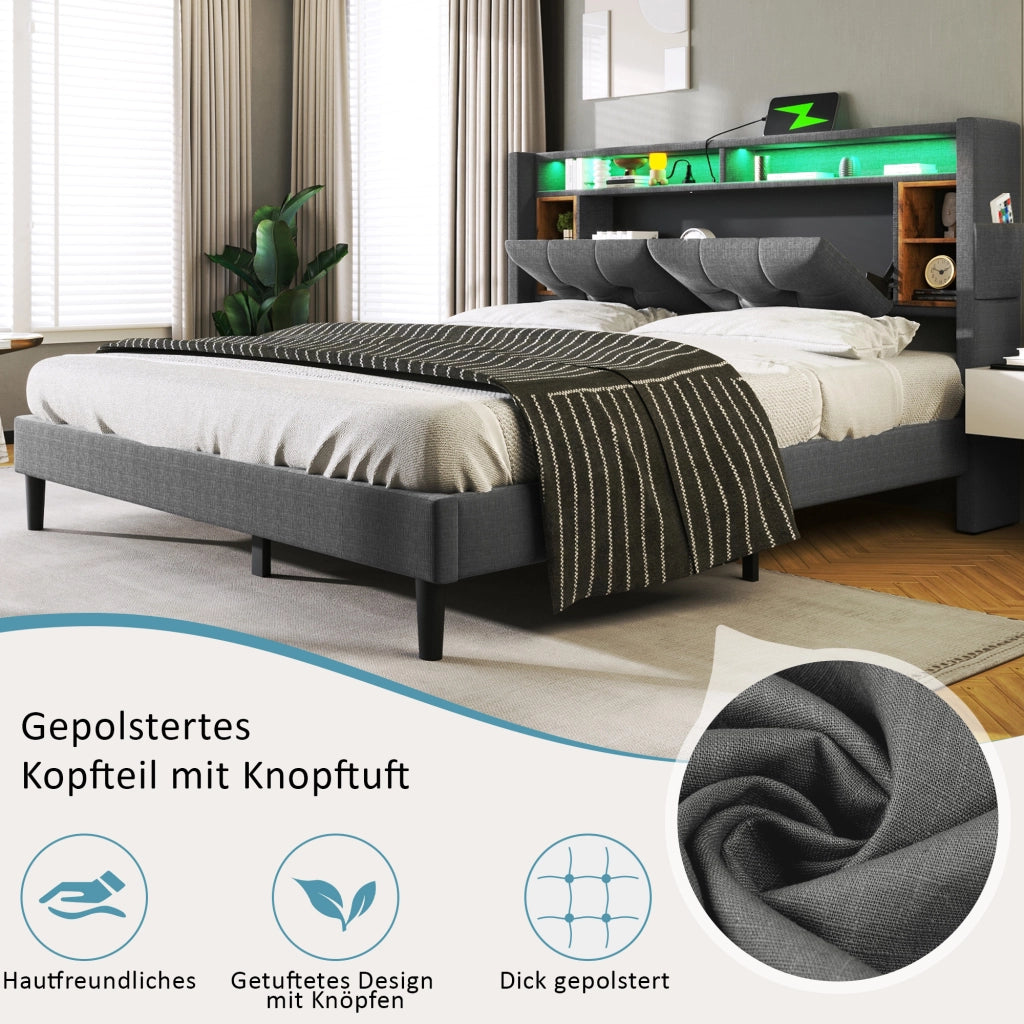 LETTO matrimoniale 140x200 cm grigio con testiera contenitore, USB e LED