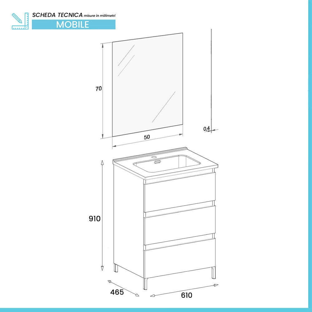 Mobile bagno a terra 60 cm in quercia bianca con lavabo e specchio Leda